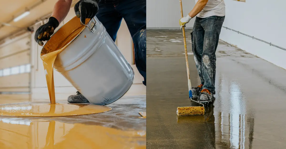 Professional applying epoxy flooring with roller in Dubai showroom